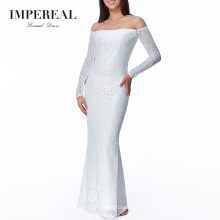Off The Shoulder Best Selling Ladies Sequined White Evening Dress